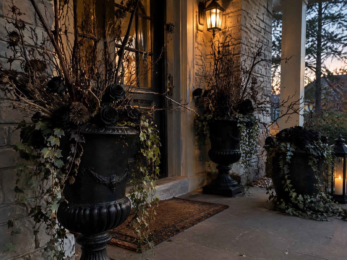Dead Planters and Urns for a gothic Halloween front porch