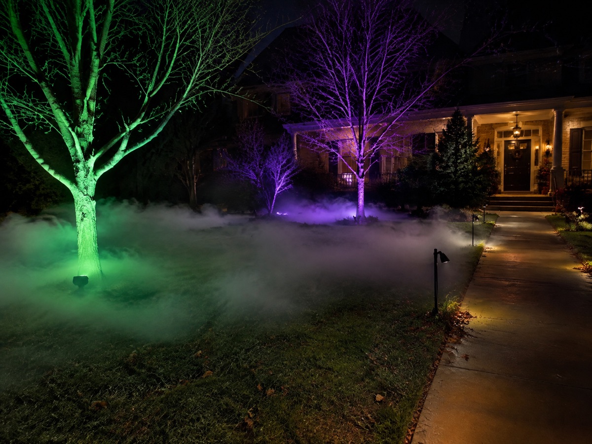 Fog and Uplights for a gothic Halloween front porch