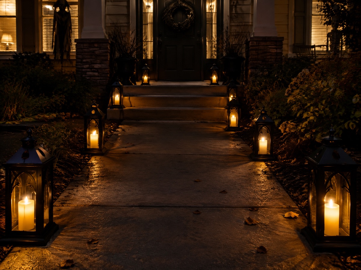 Lantern Path Lights for a gothic Halloween front porch